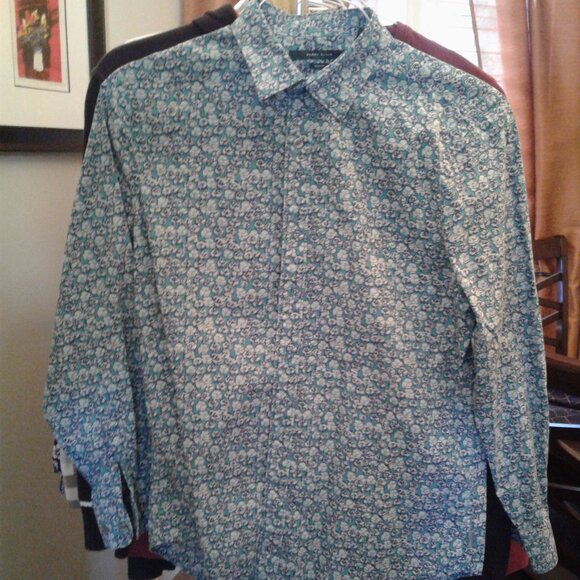 large men's Perry Ellis blue & white floral long sleeve shirt - Picture 1 of 4
